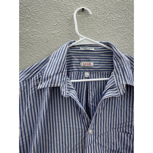 Izod Mens Shirt Size 17.5 34/35 Blue Striped Regular Fit Long Sleeve Button Up - Picture 2 of 11